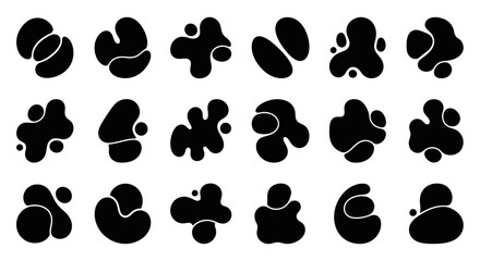 A collection of abstract, organic, blob-like shapes in black on a white background. © Ega