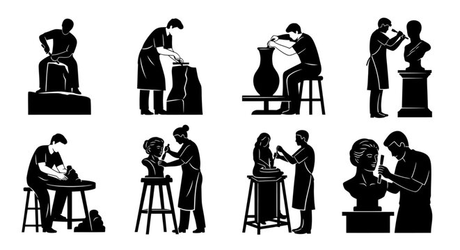 Collection of Silhouettes Depicting Various Sculpting and Pottery Making Activities.