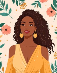 Smiling woman with curly hair and yellow dress on floral backdrop