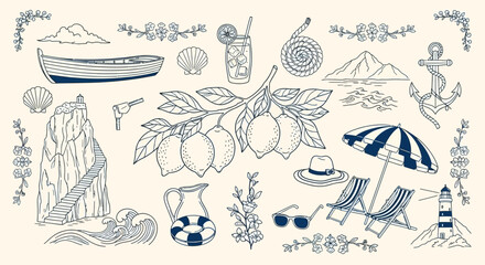 A charming hand-drawn illustration featuring a collection of summer vacation and beach-themed elements, including a boat, lemons, beach chairs, and a lighthouse. © Ega