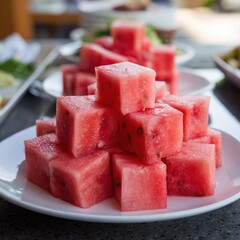 Fresh juicy watermelon cubes stacked on a white plate, healthy summer snack