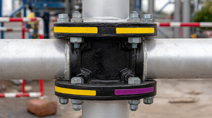 Macro of flange connection on industrial outdoor pipe, bolts and gasket visible