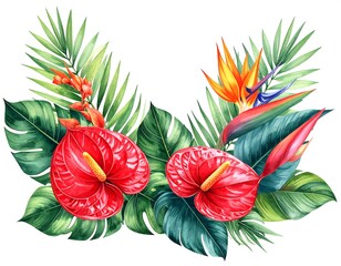 Tropical floral arrangement red anthuriums, bird-of-paradise, palm leaves, vibrant & detailed