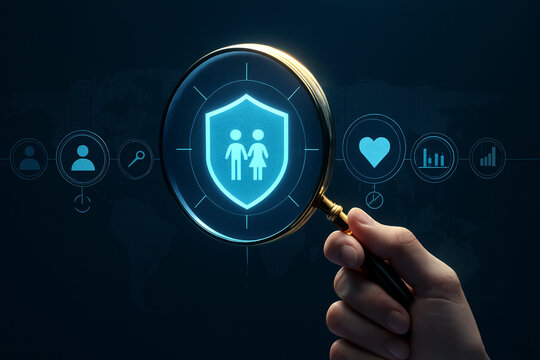 Hand Using Magnifier on Shield Icon with Two People &mdash; Data Privacy, Consent Verification, GDPR Compliance, and User-Centric Security Concept Hand holding magnifier over shield-with-people icon