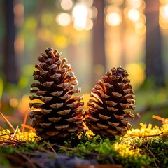 Two pinecones rest on green moss, lit by warm golden sunlight filtering through a blurry forest
