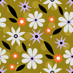 Cotton fabric Seamless pattern with retro 70s stylized daisies and starburst shapes on olive green background in funky mid century modern botanical style for textile and wallpaper