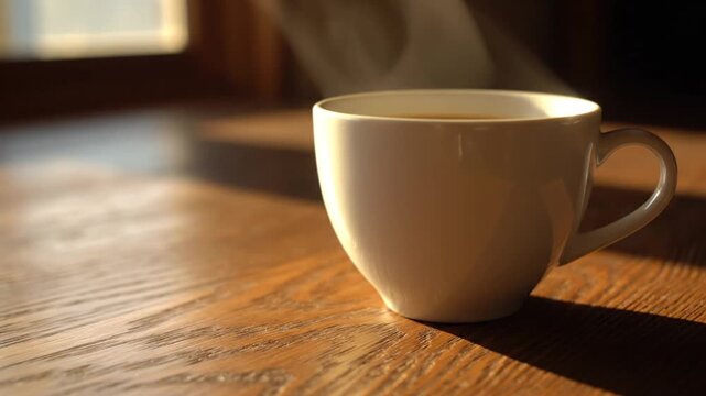 A steaming white coffee cup on a wooden table by a sunlit window with a chair in the background, suggesting a cozy morning moment