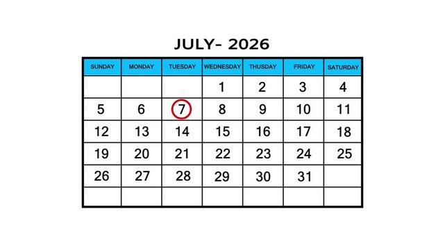 The calendar of July month 7th day is red circled, looped animation .Avery important date in the calendar. Signing a day on a calendar. 4k animation white background 