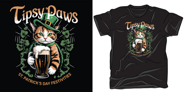 Tipsy paws st patrick&rsquo;s day festivities t-shirt design, cute cat drinking beer wearing irish hat, st patricks holiday graphic tee