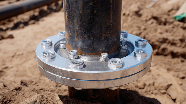 Macro perspective of industrial water pipe flange, metallic surface, bolts and gasket visible, outdoor construction site, detailed photorealistic textures