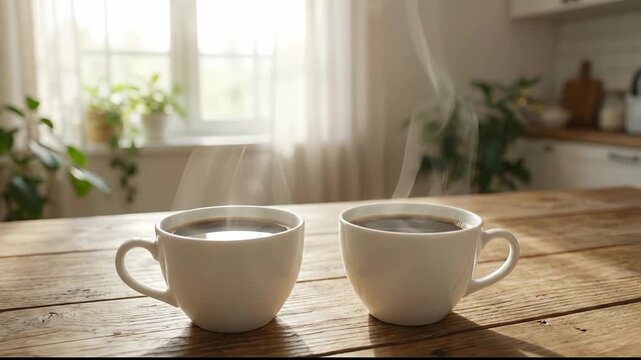 Two steaming coffee mugs on a rustic table, softly backlit by bright morning sun in an authentic kitchen setting.