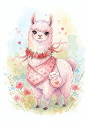 Obraz premium Llamas bring joy and love in a pastel garden filled with flowers and hearts during a dreamy Valentine's celebration