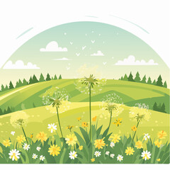 Fototapeta premium Vibrant spring meadow with blooming wildflowers, green hills, and a clear sky