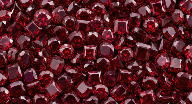 Luxury background of scattered red rubies and garnet gemstones