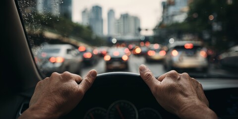 Commuting in city traffic during a rainy day