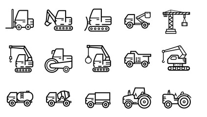 15 Construction machinery, editable icons set. Vector illustration in modern line style of heavy vehicles: Excavator, Crane, Bulldozer, and more. Vector icon © KR Studio