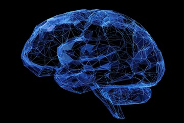 Abstract Digital Brain Visualization in Blue with Connected Dots and Lines on Black Background for Artificial Intelligence Concepts