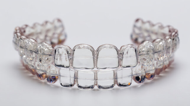 Orthodontic transparent retainer laying flat on white surface, clear dental aligner for teeth straightening and oral care