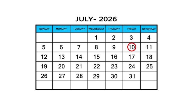 The calendar of July month 10th day is red circled, looped animation .Avery important date in the calendar. Signing a day on a calendar. 4k animation white background 