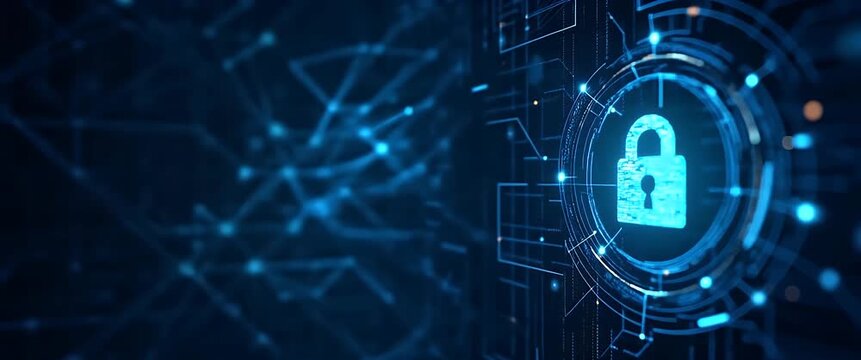 Digital lock icon glows softly amid a futuristic network grid, with a slow camera pan enhancing the cinematic cyber security theme, as data streams pulse gently in the background.
