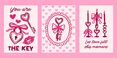 Fototapeta premium Whimsical Valentines day vector cards set. Vintage retro love print designs with keys, candles, bows, hearts illustration, romantic quotes in coquette frames