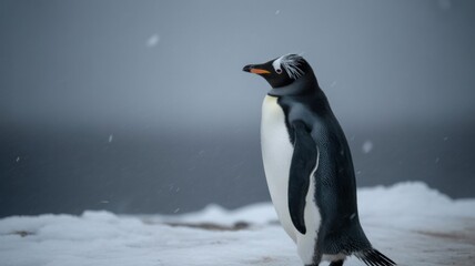 Obraz premium Penguin Standing in Wind on Snowy Landscape Near Ocean During Winter Conditions