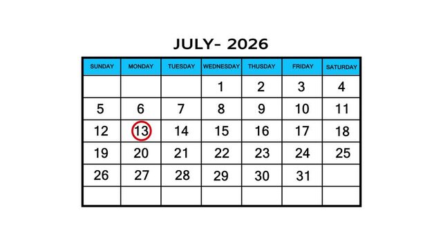 The calendar of July month 13th day is red circled, looped animation .Avery important date in the calendar. Signing a day on a calendar. 4k animation white background 