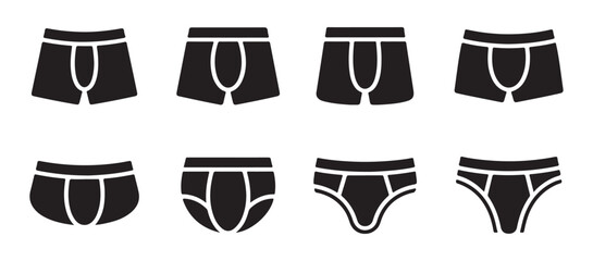 Mens underwear and boxer shorts silhouettes collection showing various styles and cuts on white background set
