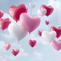 Romantic heart-shaped balloons in pink, red, and white floating against a blue cloudy sky