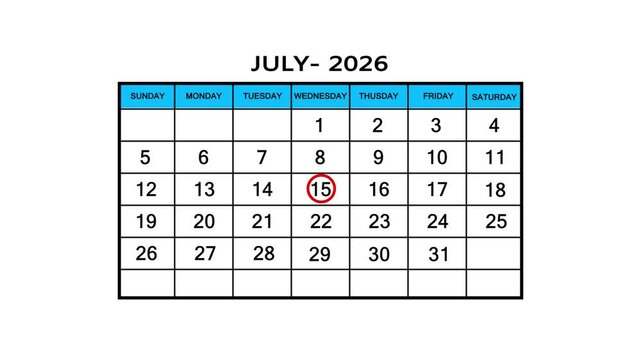 The calendar of July month 15th day is red circled, looped animation .Avery important date in the calendar. Signing a day on a calendar. 4k animation white background 