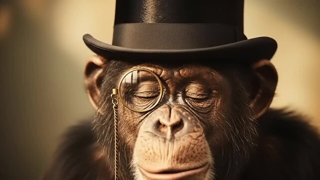Chimpanzee in a Top Hat and Monocle a Dapper and Intelligent Primate.