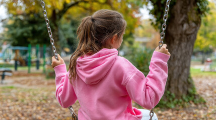 Naklejka premium Girl child kid swing park autumn pink hoodie young girl child on swing in autumn park wearing pink hoodie relaxed outdoor playtime