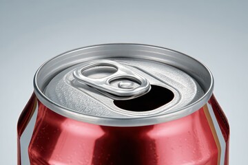 Close Up of Open Red Aluminum Can with Silver Top Water Droplets and Shadow on Light Gray Background
