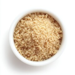 Brown Sugar Pile in White Bowl Isolated on White Background Overhead View Unrefined Granulated Texture in Neutral Color Tones for Cooking and Baking Ingredient