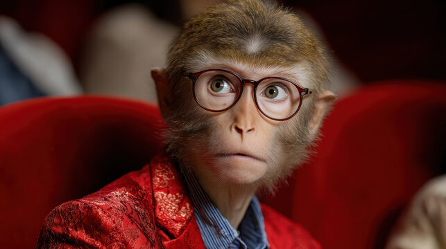 Monkey glasses suit theater red portrait animal funny monkey portrait in red suit and glasses sitting in theater seat with surprised expression
