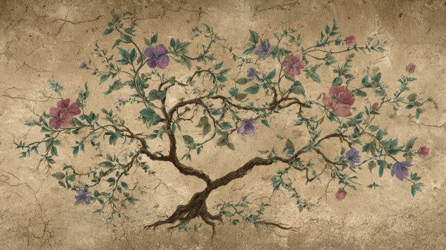 Vintage Floral Tree Illustration with Delicate Blooms and Branches Against Weathered Background