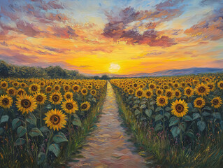 Obraz premium A Scenic Trail Through Blooming Sunflowers at Golden Hour