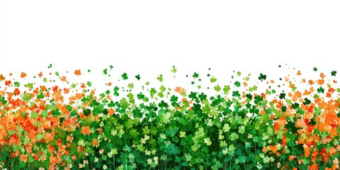 Celebratory Array of Orange and Green Shamrock Shaped Confetti on Bright White Backdrop For Festive Holiday Season