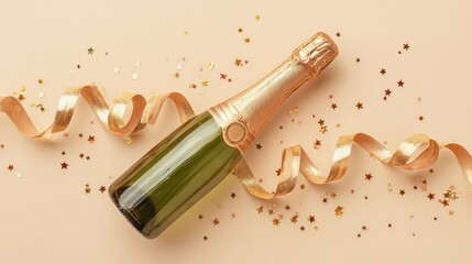 Celebratory Green Glass Champagne Bottle Adorned with Golden Glitter and Ribbon on Beige Background