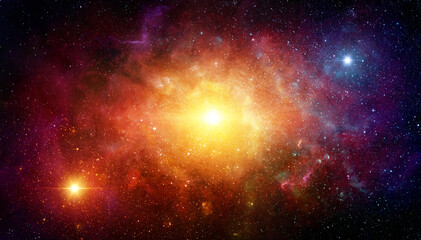  Colorful cosmic nebula with a bright three stars core and dense clouds of interstellar gas and dust in deep space.  Elements of this image furnished by NASA.