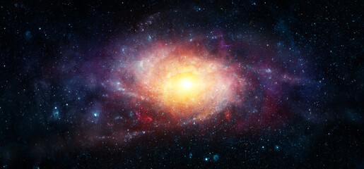 Bright spiral galaxy with a glowing core surrounded by stars, dust, and cosmic clouds in deep space. Elements of this image furnished by NASA.