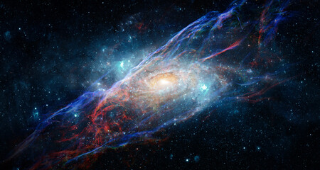 Bright spiral galaxy with a glowing core surrounded by stars, dust, and cosmic clouds in deep space. Abstract cosmic collage background. Elements of this image furnished by NASA.