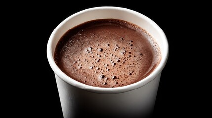 Dark Chocolate Hot Drink in White Paper Cup on Black Background Smooth Liquid Texture Close Up View Delicious Sweet Beverage Comfort Food Refreshing Drink