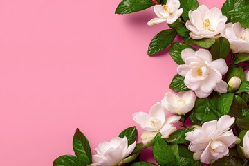 Delicate White Camellia Flowers with Green Leaves on Vibrant Pink Background Top Down Arrangement Floral Design Elements for Springtime Mockups