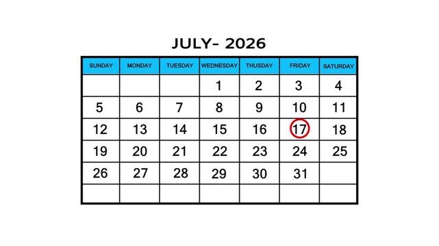 The calendar of July month 17th day is red circled, looped animation .Avery important date in the calendar. Signing a day on a calendar. 4k animation white background 