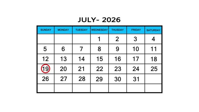 The calendar of July month 19th day is red circled, looped animation .Avery important date in the calendar. Signing a day on a calendar. 4k animation white background 