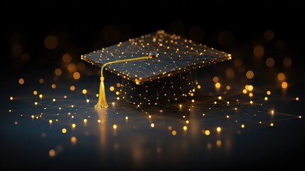 Digital Graduation Cap Constructed with Glowing Network on Dark Surface with Bokeh Light Orbs Graduation Education Concept
