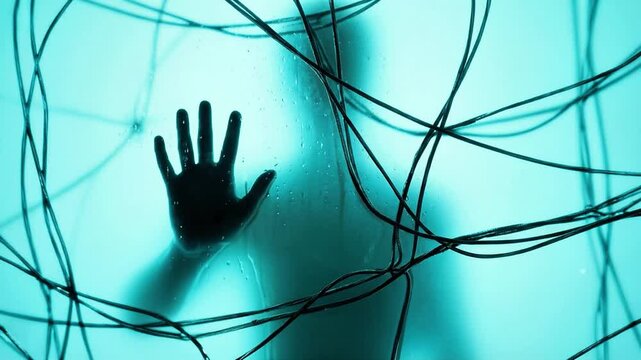 Silhouette of a person pressing a hand against fogged glass while tangled wires shift across the scene
