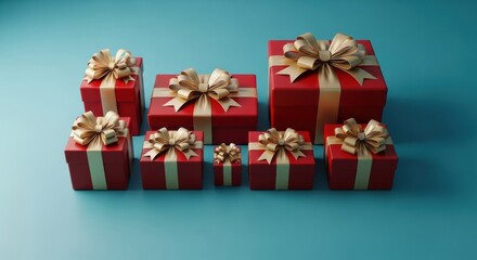 Obraz premium Symmetrical Layout of Elegant Red Wrapped Presents with Golden Bows