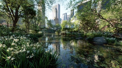 Cherry Blossom Trees in Urban Park with City Skyline During Spring 